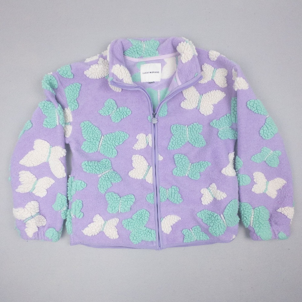 Lucky Brand Butterfly Fleece Jacket Purple Lavender Turquoise Zip Up Large 14/16